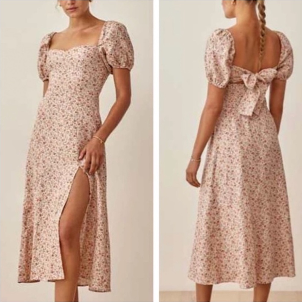 REFORMATION Denver Floral Print Linen Midi Dress Sz 2 cottagecore coquette boho - Picture 2 of 11